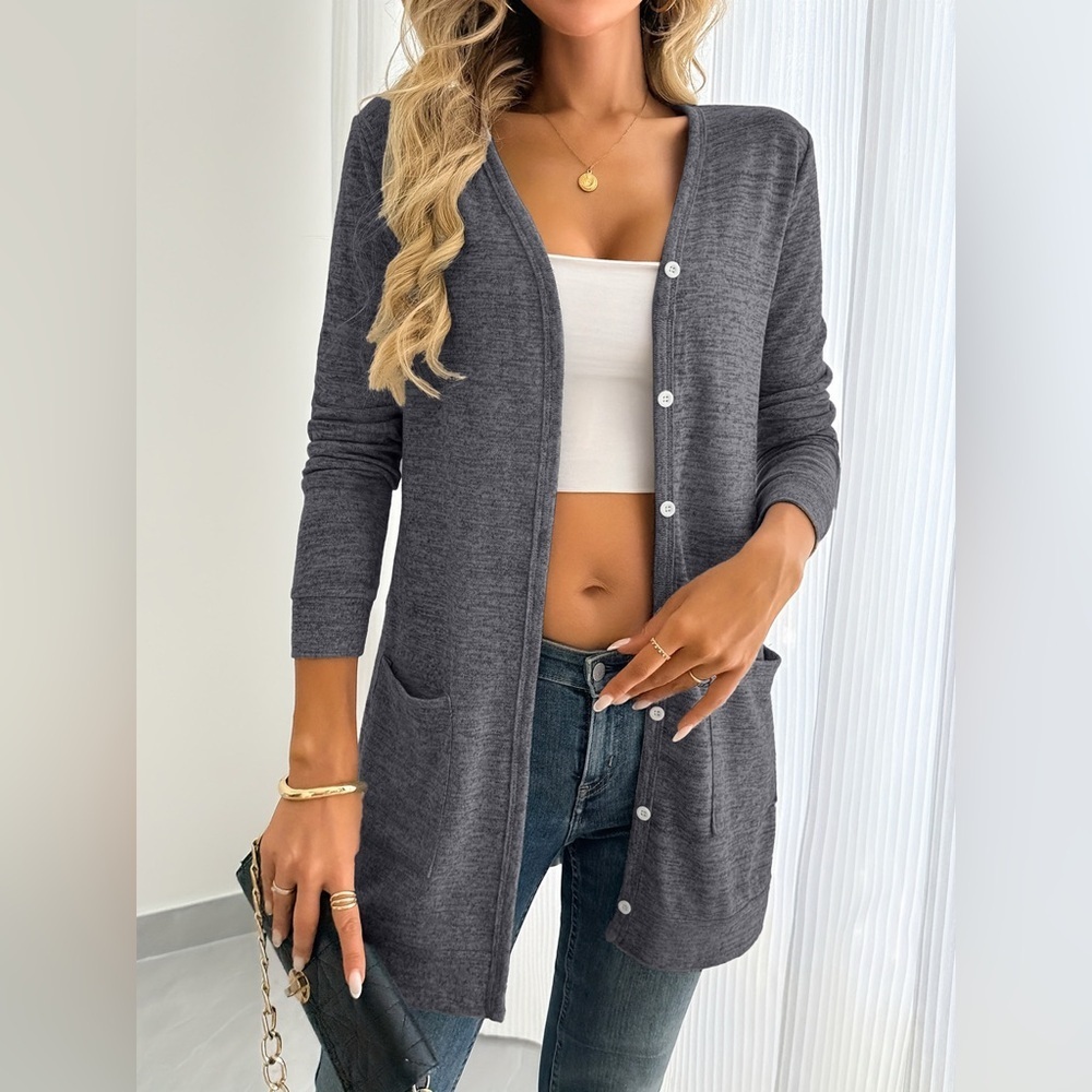 Open Front Longline Cardigan with Side Pockets - Picture 7 of 12